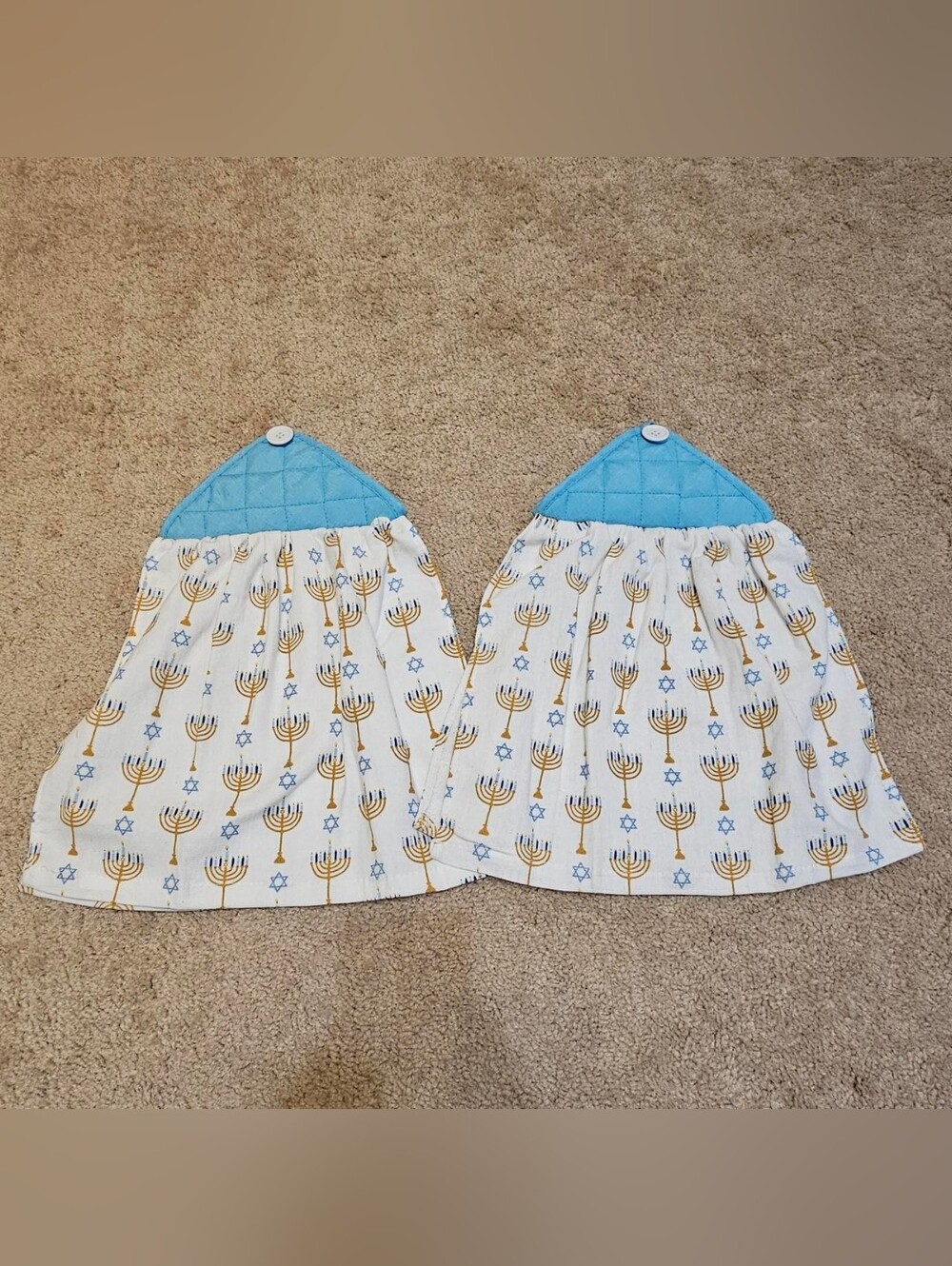 2 Handcrafted Potholders Attached To Towels | Blue, White + Gold | Jewish